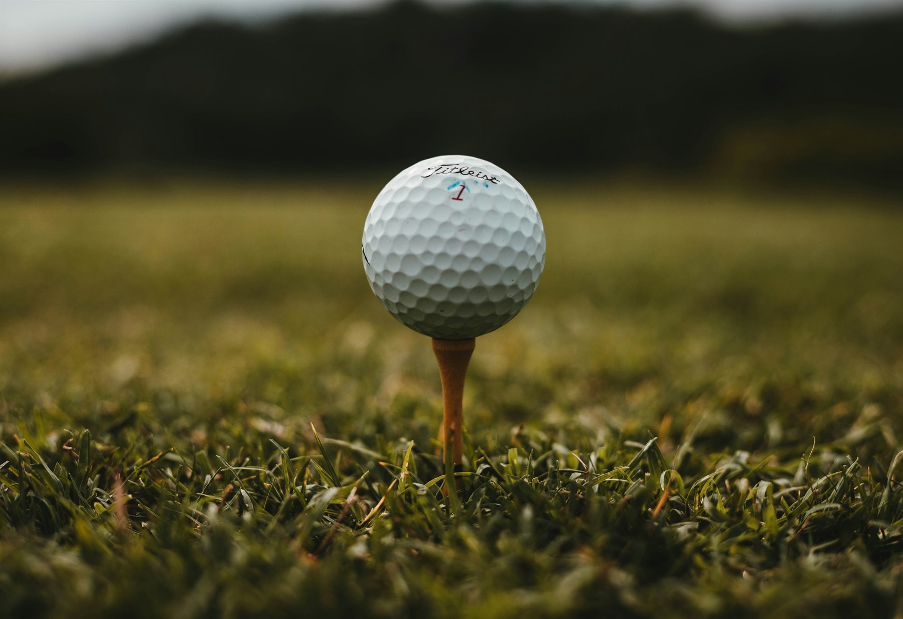 Putter, golf ball, and shoe on a green
